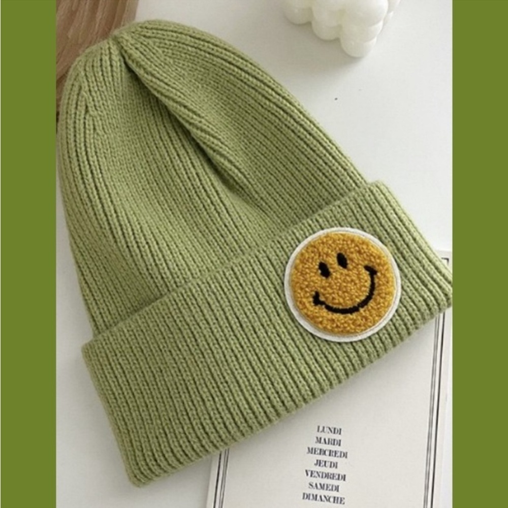 LAST ONE! Knit Ribbed Smiley Face Beanie In Green
